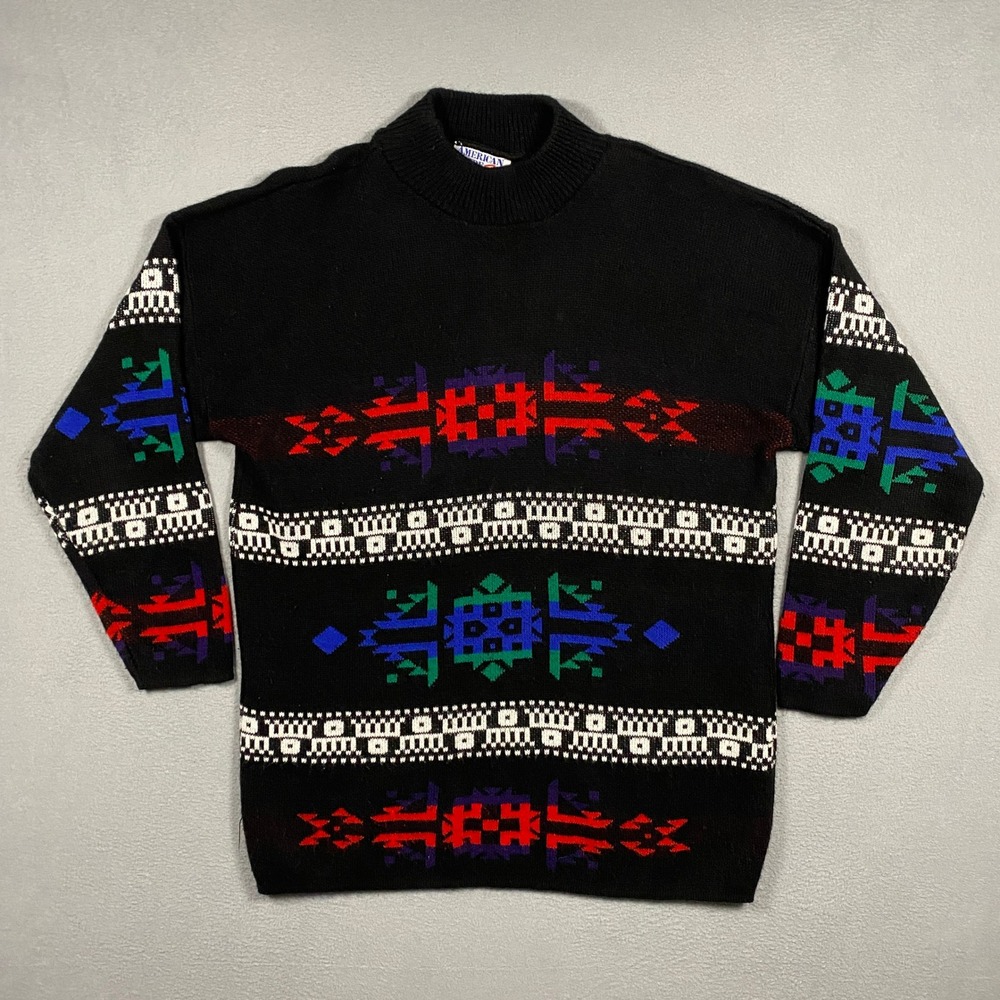 American Pride Sweater Mens Medium Black Vintage USA Southwestern Geometric Knit
